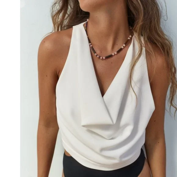 Zara | Tops | Zara White Crepe Lined Draped Neckline Blouse